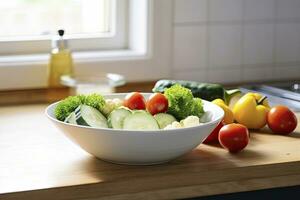 ai generiert Küche immer noch Leben mit Weiß Schüssel von gewaschen Gemüse auf hölzern Schreibtisch. ai generiert foto
