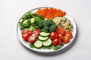 ai generiert Salat mit Andenhirse, Spinat, Brokkoli, Tomaten, Gurken und Möhren. ai generiert foto