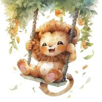 ai generiert süß und glücklich Baby Löwe auf Schaukeln auf das Baum im Aquarell Stil. ai generiert foto