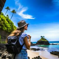 ai generiert ein fotografieren von Reisender oder Rucksacktourist im das Strand mit ein viele Stil und viele Winkel foto