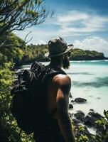 ai generiert ein fotografieren von Reisender oder Rucksacktourist im das Strand mit ein viele Stil und viele Winkel foto