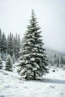 Kiefer Bäume oder dekoriert Weihnachten Baum bedeckt durch Schnee auf schön Winter. Weihnachten Thema draußen durch ai generiert foto