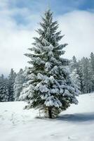 Kiefer Bäume oder dekoriert Weihnachten Baum bedeckt durch Schnee auf schön Winter. Weihnachten Thema draußen durch ai generiert foto