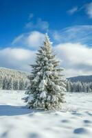 Kiefer Bäume oder dekoriert Weihnachten Baum bedeckt durch Schnee auf schön Winter. Weihnachten Thema draußen durch ai generiert foto