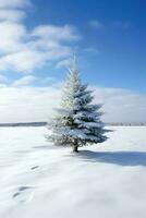 Kiefer Bäume oder dekoriert Weihnachten Baum bedeckt durch Schnee auf schön Winter. Weihnachten Thema draußen durch ai generiert foto