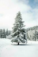 Kiefer Bäume oder dekoriert Weihnachten Baum bedeckt durch Schnee auf schön Winter. Weihnachten Thema draußen durch ai generiert foto