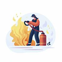 ai generiert minimalistisch ui Illustration von ein Feuerwehrmann Löschen ein Feuer im ein eben Illustration Stil auf ein Weiß Hintergrund foto