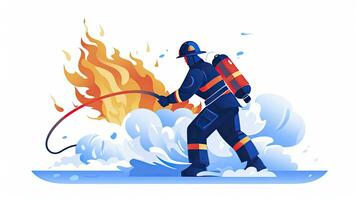 ai generiert minimalistisch ui Illustration von ein Feuerwehrmann Löschen ein Feuer im ein eben Illustration Stil auf ein Weiß Hintergrund foto