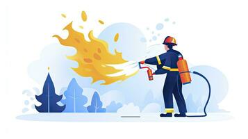 ai generiert minimalistisch ui Illustration von ein Feuerwehrmann Löschen ein Feuer im ein eben Illustration Stil auf ein Weiß Hintergrund foto