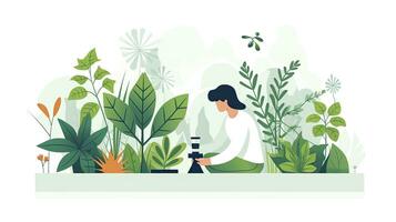 ai generiert minimalistisch Botaniker studieren Pflanzen, eben Design Illustration auf Weiß foto
