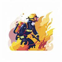 ai generiert minimalistisch ui Illustration von ein Feuerwehrmann Löschen ein Feuer im ein eben Illustration Stil auf ein Weiß Hintergrund foto