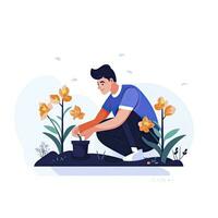 ai generiert minimalistisch ui Illustration von ein Gärtner Pflanzen Blumen im ein eben Illustration Stil auf ein Weiß Hintergrund foto