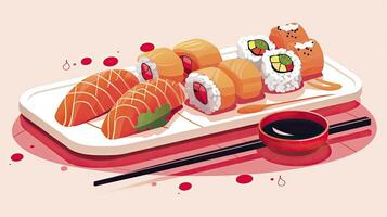 ai generiert elegant minimalistisch Sushi Teller Illustration mit Essstäbchen foto