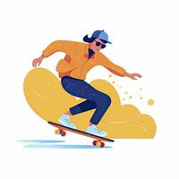 ai generiert minimalistisch Skateboardfahrer ausführen Tricks, eben Design Illustration auf Weiß. foto