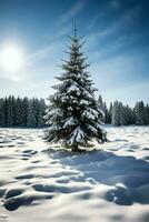 Kiefer Bäume oder dekoriert Weihnachten Baum bedeckt durch Schnee auf schön Winter. Weihnachten Thema draußen durch ai generiert foto