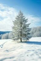 Kiefer Bäume oder dekoriert Weihnachten Baum bedeckt durch Schnee auf schön Winter. Weihnachten Thema draußen durch ai generiert foto