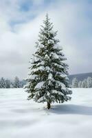 Kiefer Bäume oder dekoriert Weihnachten Baum bedeckt durch Schnee auf schön Winter. Weihnachten Thema draußen durch ai generiert foto