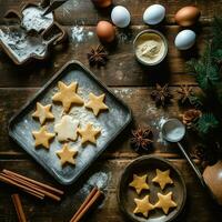 eben legen von Kochen hausgemacht Weihnachten Backen Zutaten oder Lebkuchen Kekse platziert auf Tabelle Konzept durch ai generiert foto