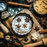 eben legen von Kochen hausgemacht Weihnachten Backen Zutaten oder Lebkuchen Kekse platziert auf Tabelle Konzept durch ai generiert foto