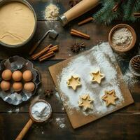 eben legen von Kochen hausgemacht Weihnachten Backen Zutaten oder Lebkuchen Kekse platziert auf Tabelle Konzept durch ai generiert foto