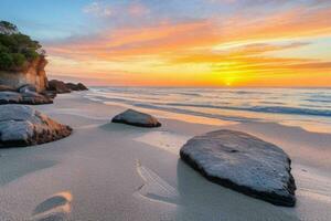 ai generiert schön Felsen auf das Strand beim Sonnenaufgang. Profi Foto