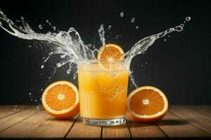 ai generiert Orange Saft Spritzen mit Eis Würfel. Profi Foto