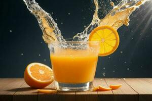 ai generiert Orange Saft Spritzen mit Eis Würfel. Profi Foto