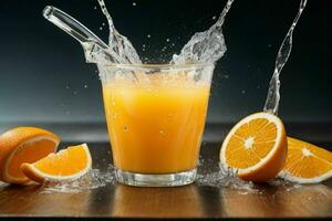 ai generiert Orange Saft Spritzen mit Eis Würfel. Profi Foto