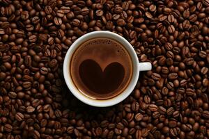 ai generiert Kaffee Tasse und Kaffee Bohnen, oben Sicht. Oberfläche bedeckt mit Kaffee Bohnen. ai generativ foto