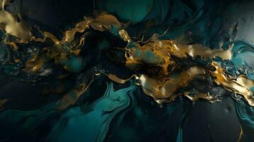 ai generiert Acryl Flüssigkeit Kunst. Flüssigkeit schwarz Marmor Hintergrund mit Türkis und golden Wellen. abstrakt Hintergrund. ai generativ foto