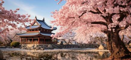 ai generiert das schön Blühen Kirsche Baum im Vorderseite von das schön Pagode foto