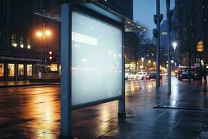 ai generiert leeren Plakatwand auf Gebäude leeren von draussen Information Zeichen Menschen Vorbeigehen durch auf das verschwommen Straße durch generiert ai foto