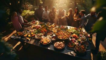 ai generiert draussen Party und Grillen Lebensmittel mit Wein und Getränke foto