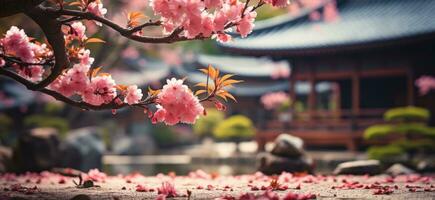 ai generiert japanisch die Architektur und Blumen im Frühling Baum im Japan foto