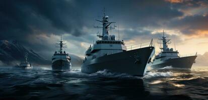 ai generiert fünf Marine- Schiffe sind Segeln aus im ein Körper von Wasser foto