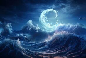 ai generiert groß Welle fallen auf das Ozean mit dunkel wolkig Himmel foto