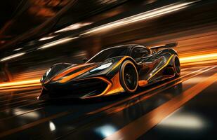 ai generiert ein Orange und schwarz Rennen Auto Beschleunigen Nieder ein Spur mit Beleuchtung auf foto