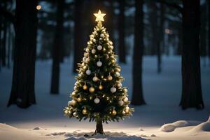 ai generiert Weihnachten Hintergrund. Weihnachten Baum mit funkeln Beleuchtung beim Nacht foto