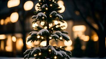 ai generiert Weihnachten Hintergrund. Weihnachten Baum mit funkeln Beleuchtung beim Nacht foto