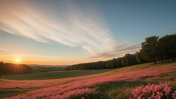 ai generiert schön natürlich Landschaft. Sonnenaufgang auf Wiese foto