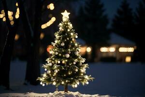 ai generiert Weihnachten Hintergrund. Weihnachten Baum mit Dekorationen und Ornamente beim Nacht foto
