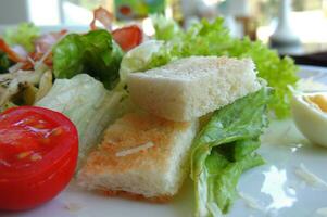 warm Salat mit Huhn, Grüns und Weiß Brot Toast Nahansicht Seite Aussicht foto