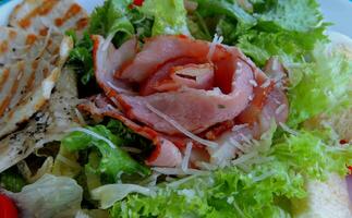 Vielfalt Fleisch serviert mit Grüner Salat auf ein Weiß Teller foto