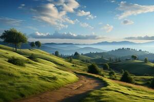 ai generiert Landschaften Panorama von schön Landschaft von Rumänien. sonnig Nachmittag. wunderbar Frühling Landschaft im Berge. grasig Feld und rollen Hügel. ländlich Landschaft foto