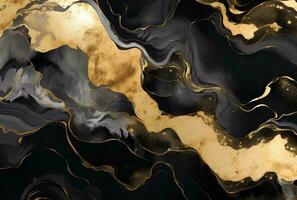 ai generiert marmoriert schwarz Gold abstrakt Hintergrund. Flüssigkeit Marmor Tinte Muster. abstrakt Farbe Mischen im Aquarell foto