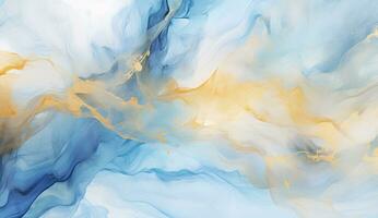ai generiert marmoriert Blau und golden abstrakt Hintergrund. Flüssigkeit Marmor Tinte Muster. abstrakt Hintergrund mit Blau, Gelb und Weiß Farbe Mischen im Wasser foto