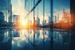 ai generiert modern Büro Gebäude oder Geschäft Center hoch Gebäude Fenster gemacht von Glas reflektieren Wolken und Sonnenlicht. leeren Straßen draußen das Wände von modern Zivilisation Geschäft Wachstum durch foto