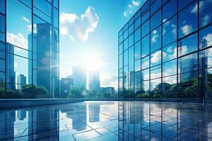 ai generiert modern Büro Gebäude oder Geschäft Center hoch Gebäude Fenster gemacht von Glas reflektieren Wolken und Sonnenlicht. leeren Straßen draußen das Wände von modern Zivilisation Geschäft Wachstum durch foto