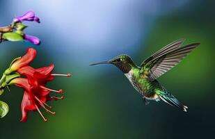 ai generiert Kolibri Vogel fliegend Nächster zu ein schön rot Blume mit Regen. ai generiert foto