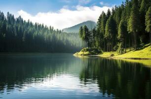 ai generiert schön Natur See und Wald.ai generiert. foto